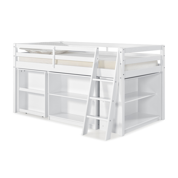 Alaterre Furniture Roxy Wood Junior Loft Bed with Pull-out Desk, Shelving and Bookcase, White AJRX10WHAS